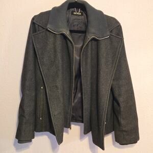 Guess Gray Wool Blend Pea Coat Jacket‎ Full Zip Up Ribbed Collar